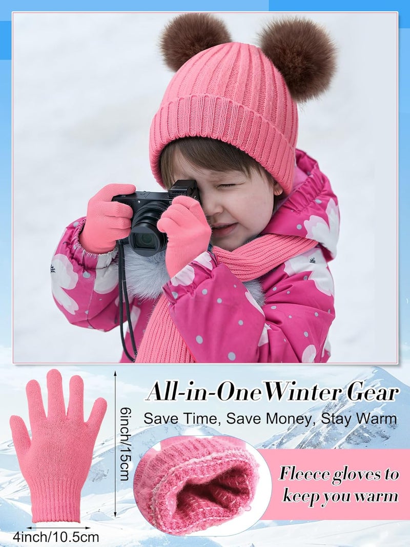 JaGely 2 Sets Kids Winter Hat Gloves Scarf Set Girls and Boys Knit Hat with Pom Warm Scarf Snow Gloves for 3-10 Years Toddler - Image 4